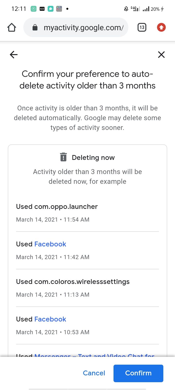 Preview of Activity Being Deleted in Chrome