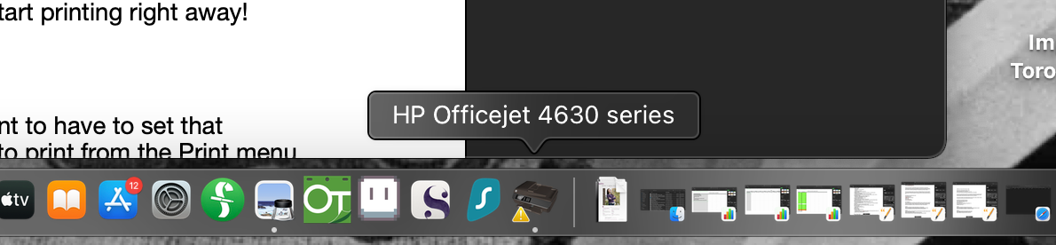 An HP Officejet printer icon in the Dock of a MacBook Pro