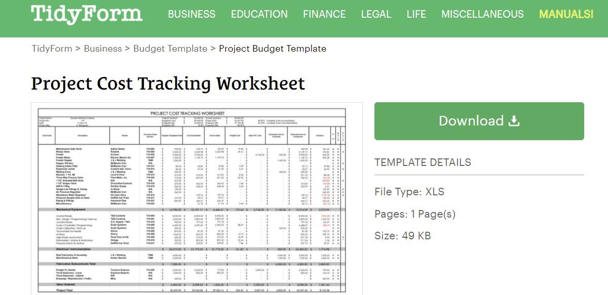 Project Cost Tracking Worksheet Excel template
