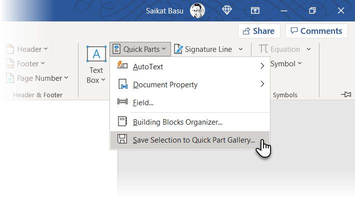 Save to Quick Parts Gallery in Microsoft Word