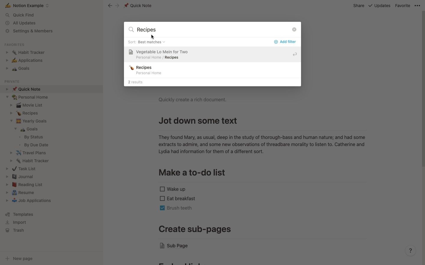 Quick find feature on Notion