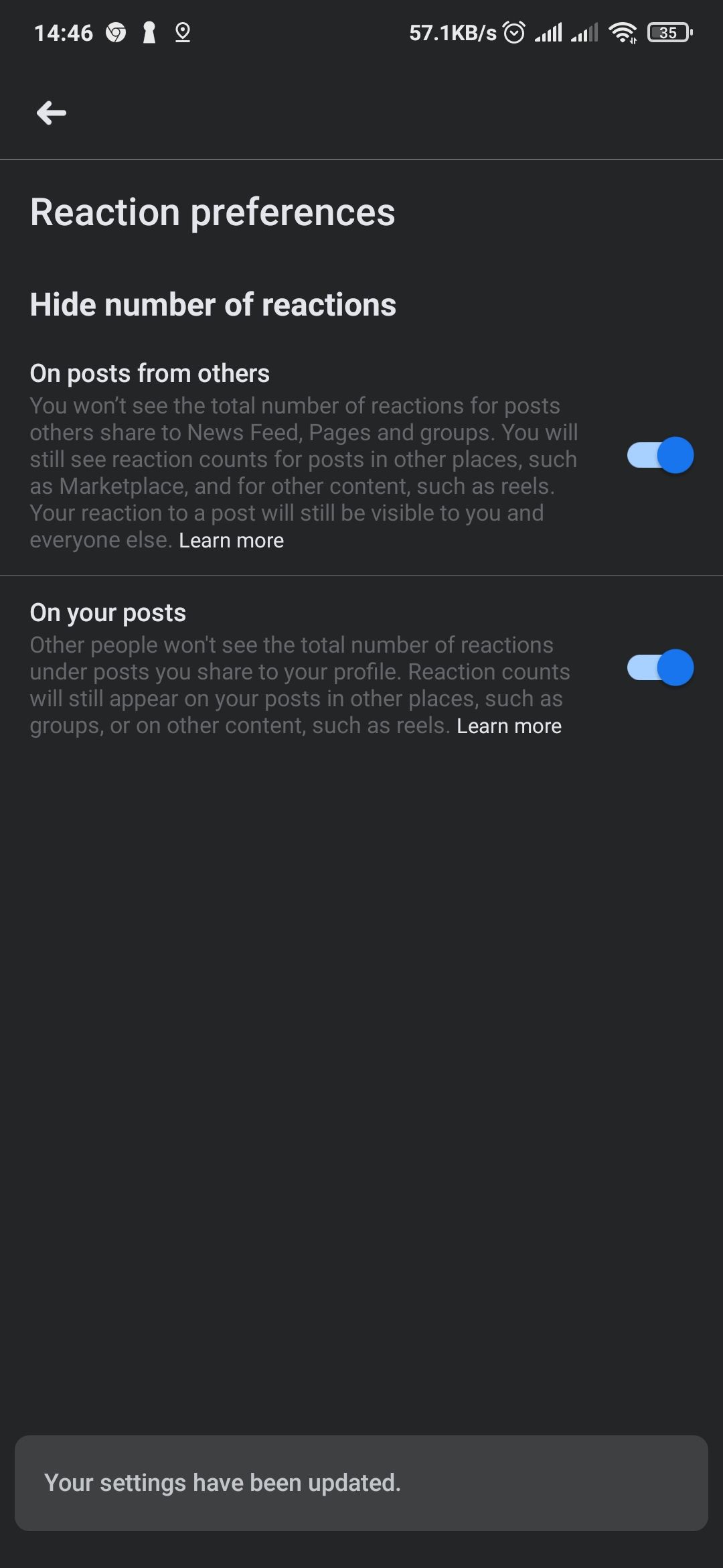 Reaction preference settings on Facebook