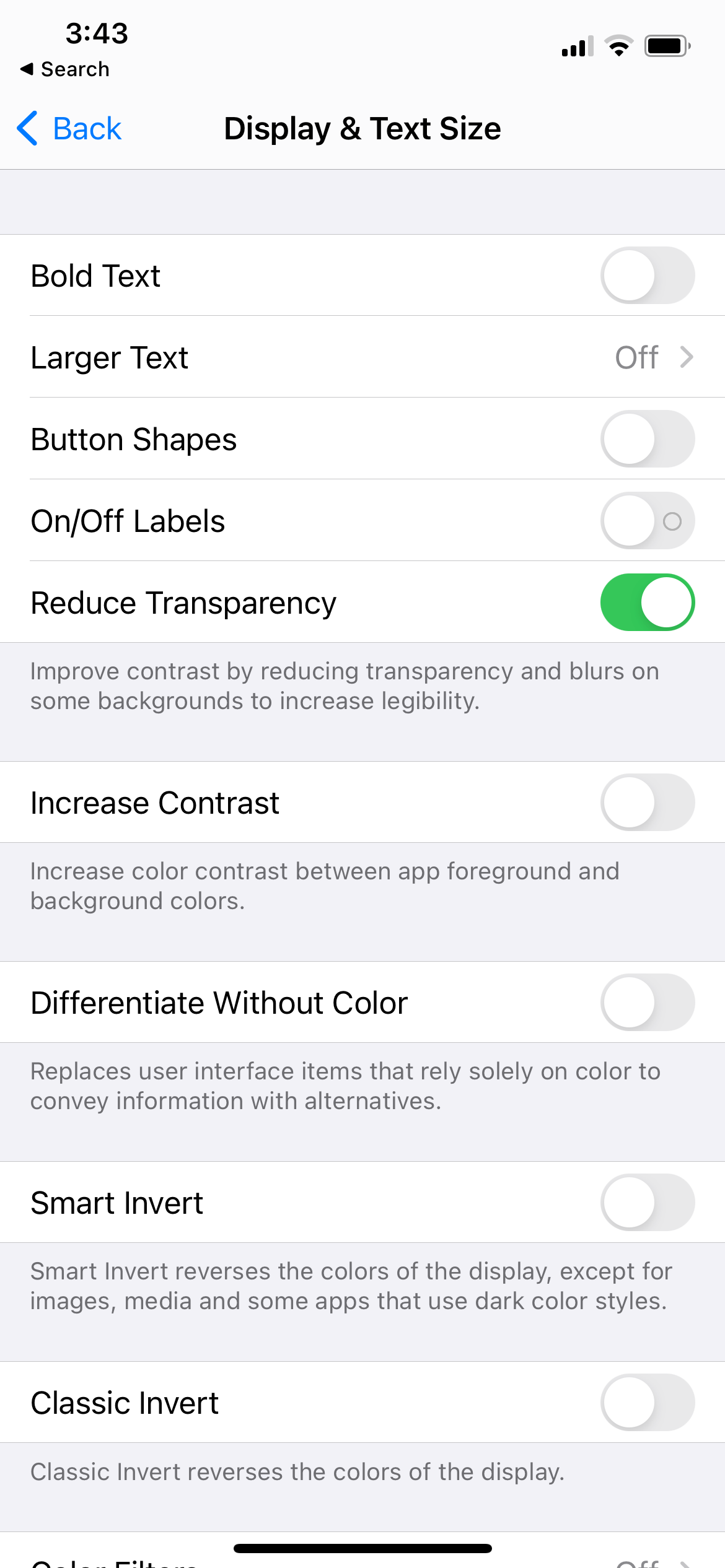 Reduce Transparency option enabled in iPhone settings.