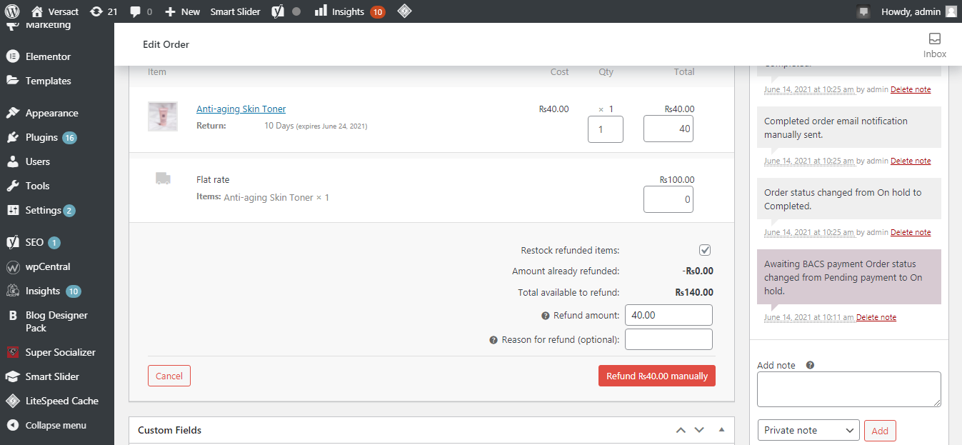 Refund Options On The Order Page In WordPress Dashboard
