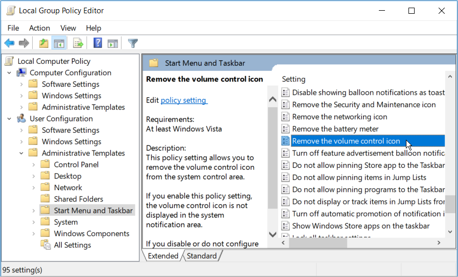 Restoring the Volume Icon Using the Local Group Policy Editor