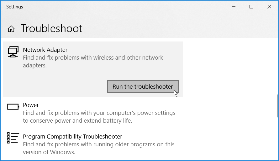 Running the Network Adapter troubleshooter