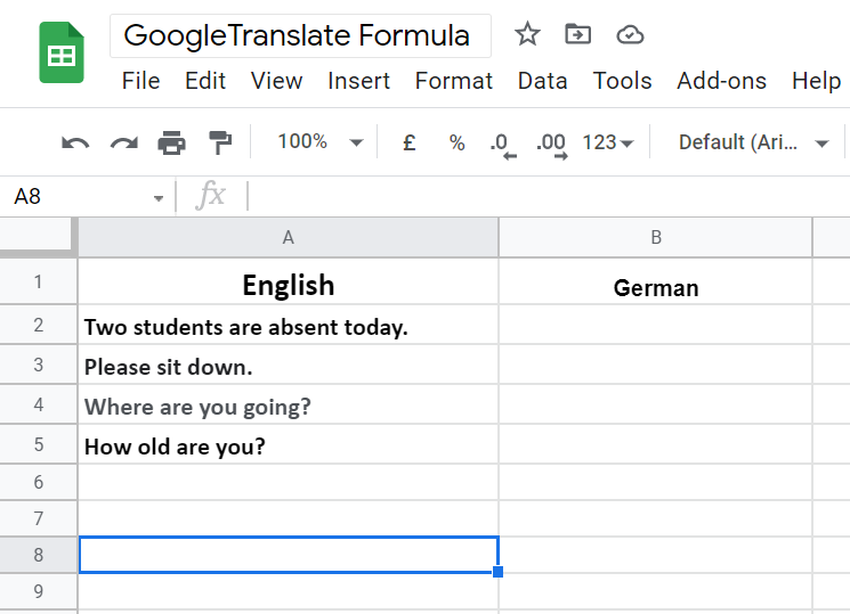 Sample Data to Translate in Google Sheets