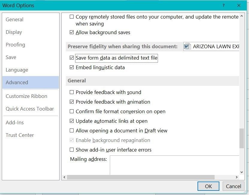 Screenshot displaying the Save form data as delimited text file Check Box Ticked