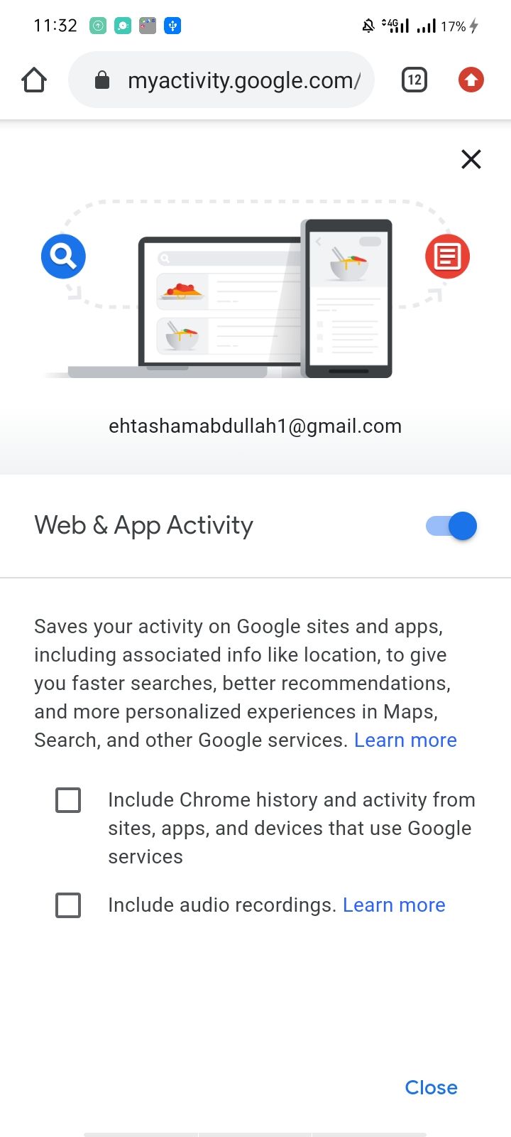 Saving Settings in Web and App Activity in Chrome