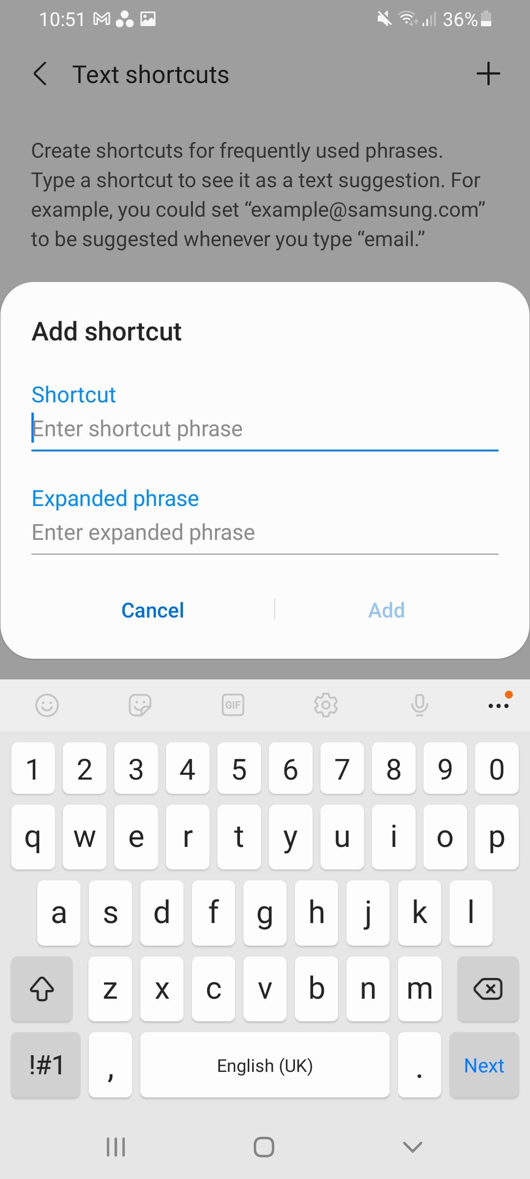 add text shortcut to samsung keyboard