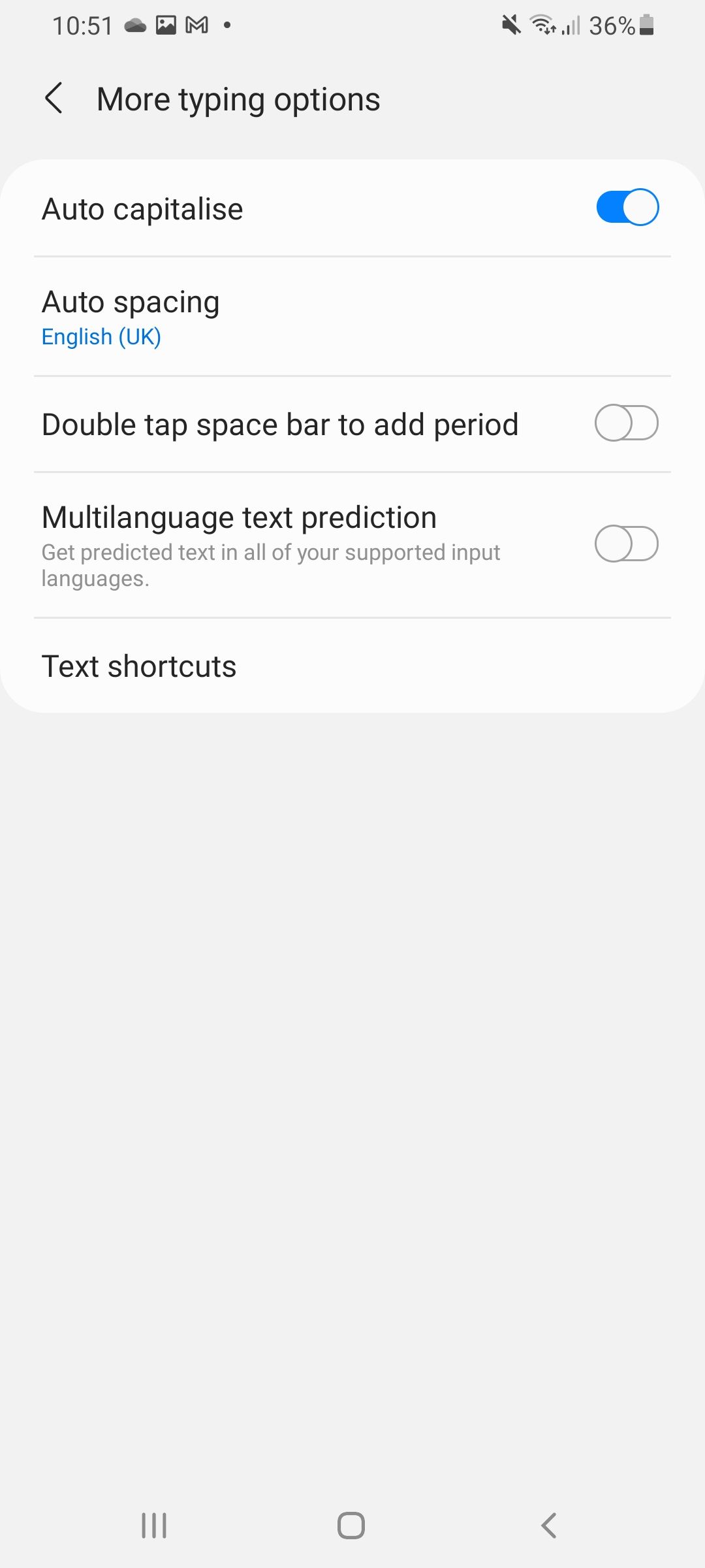 text shortcut option sansung settings