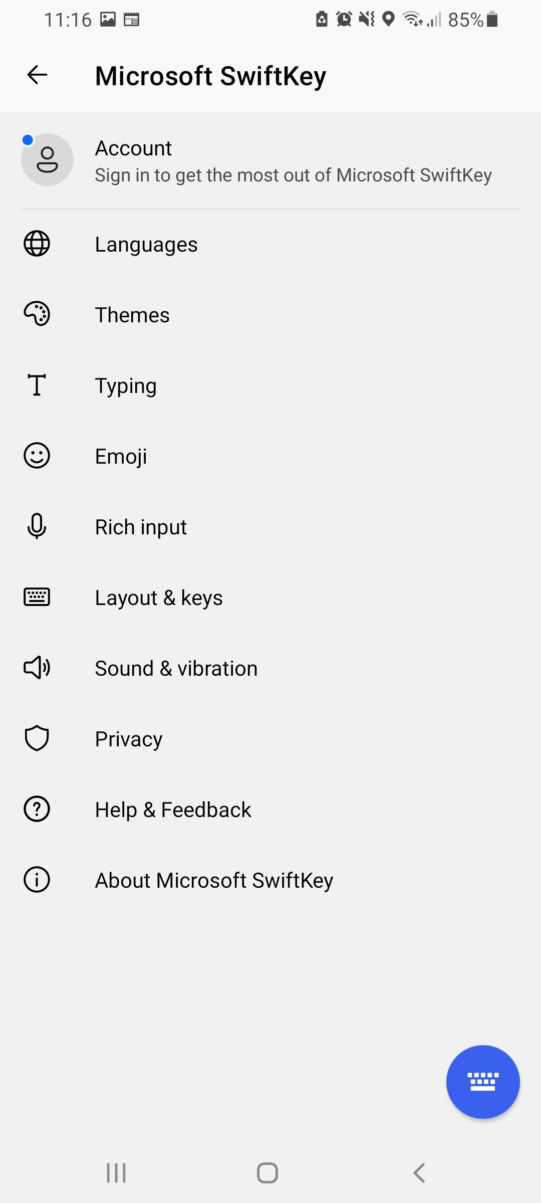 settings page for swiftkey keboard