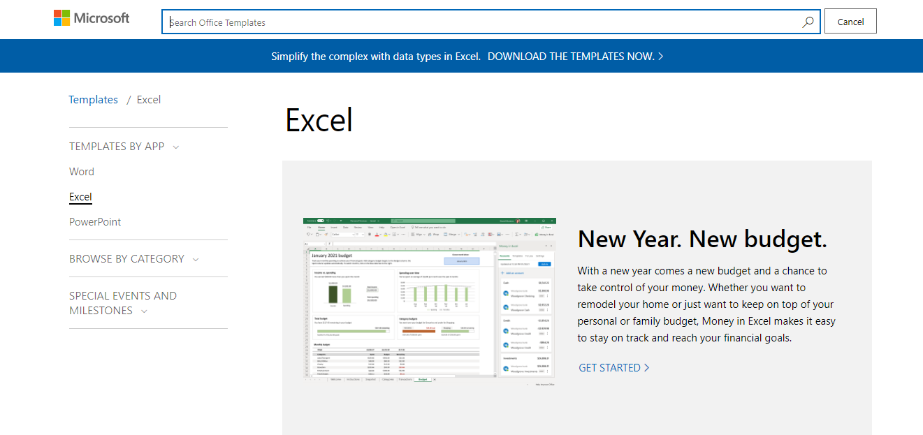 Search Bar to Search Excel Templates on Microsoft Website