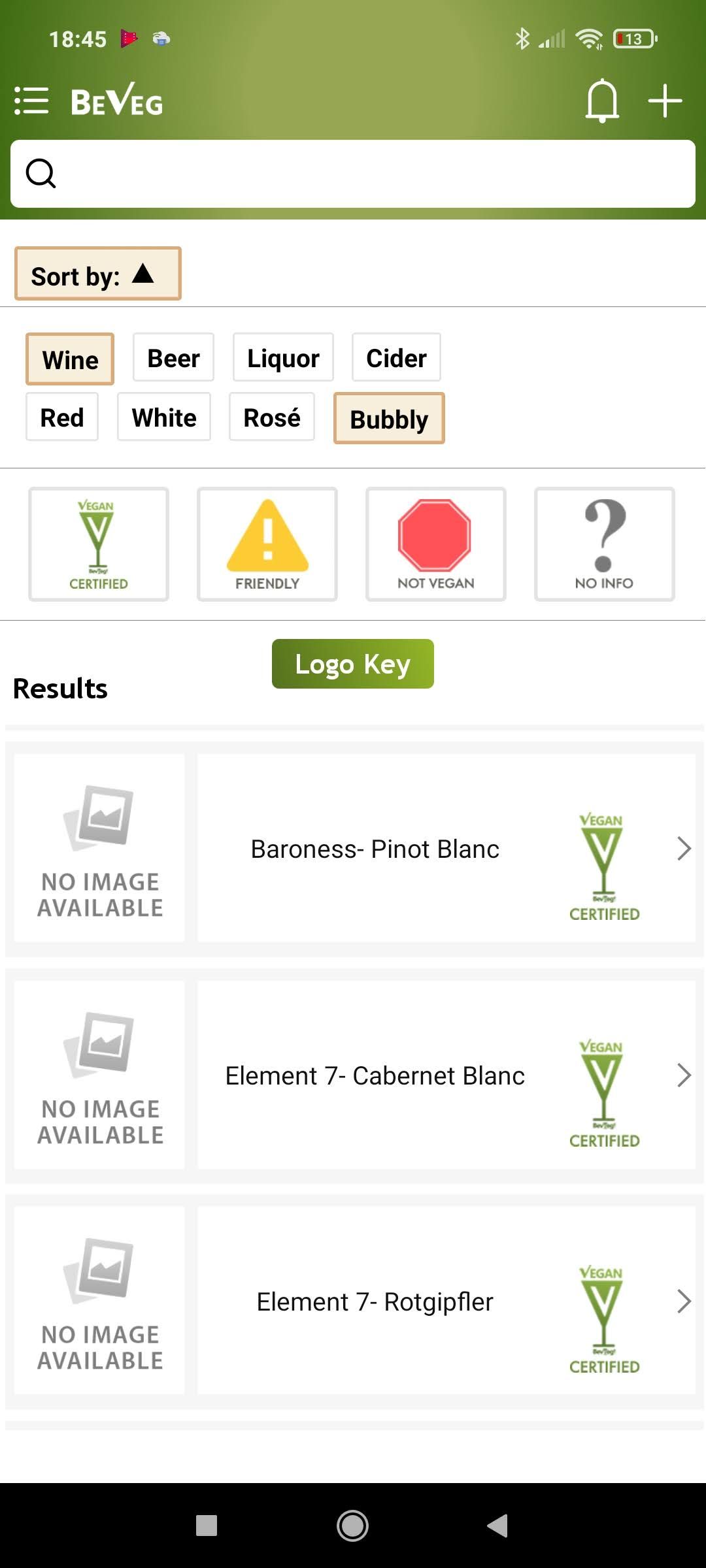 Search Vegan Wine app search results