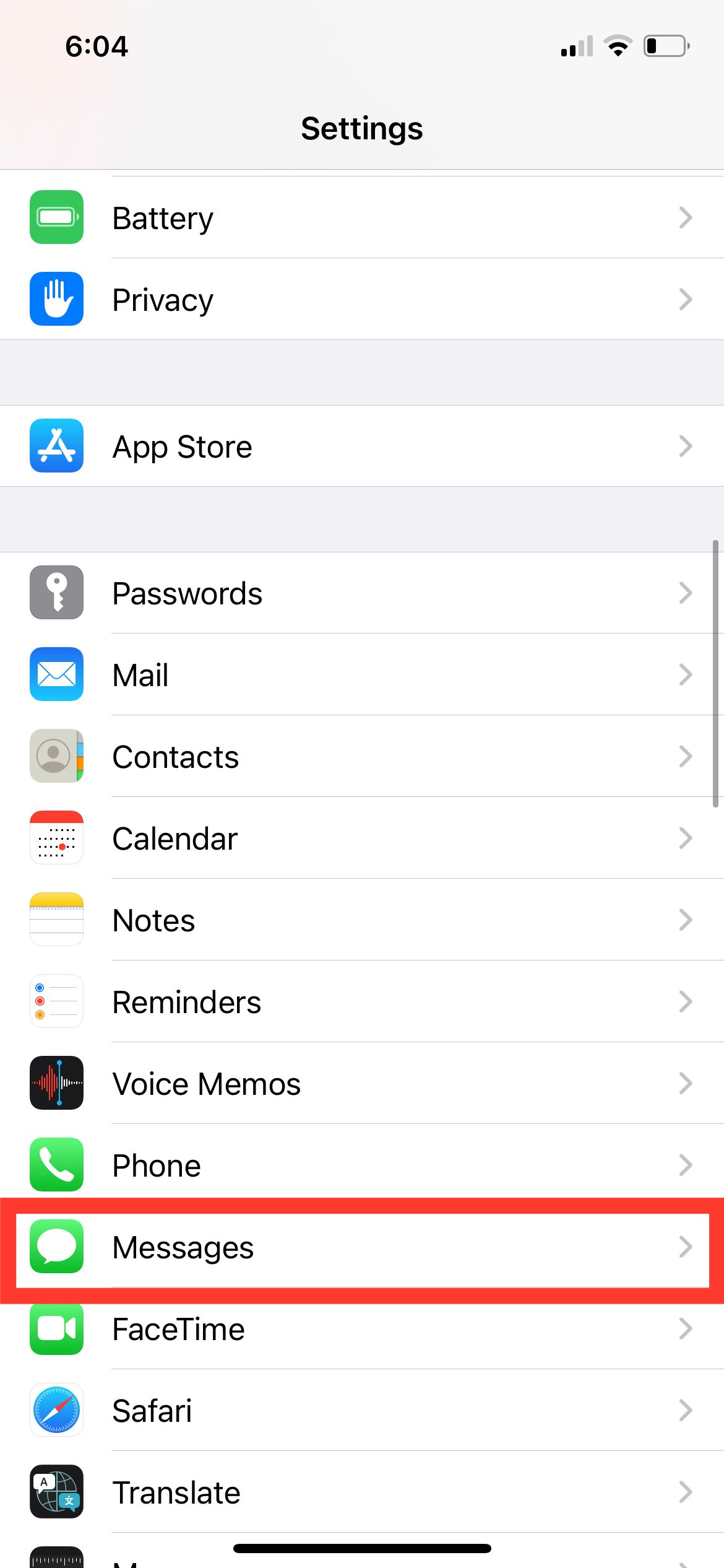 iPhone Settings showing Messages