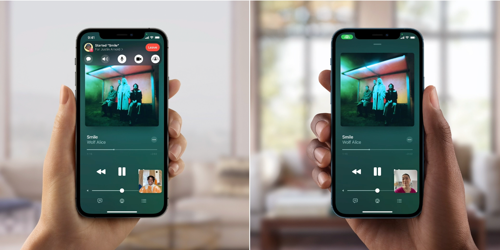 Two hands in different locations hold up iPhones using SharePlay on the same FaceTime call