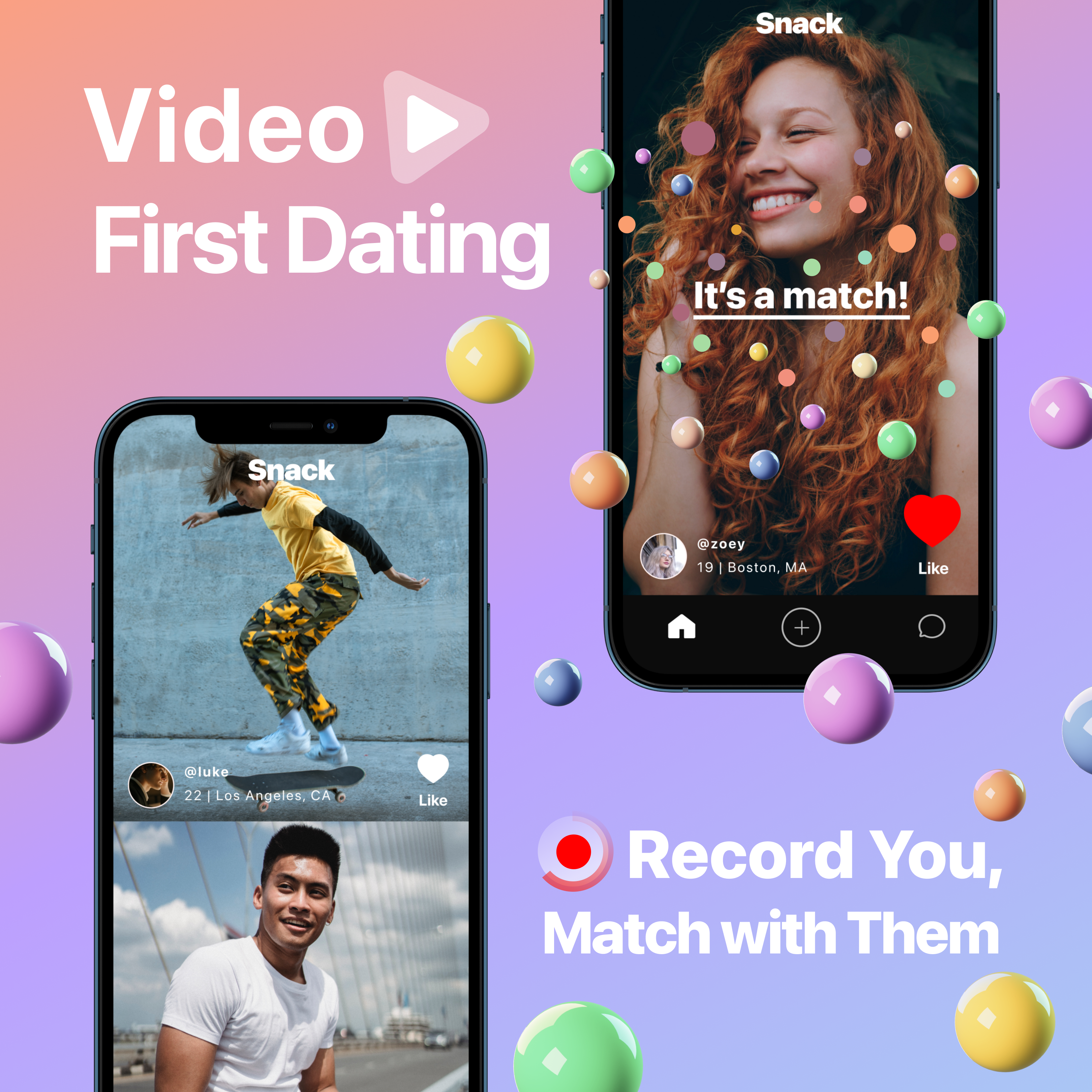 Promotional image of two phones showing a woman and a man on the Snack app. Image provided by Snack
