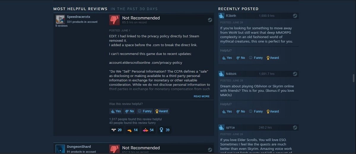 User reviews of a Steam game