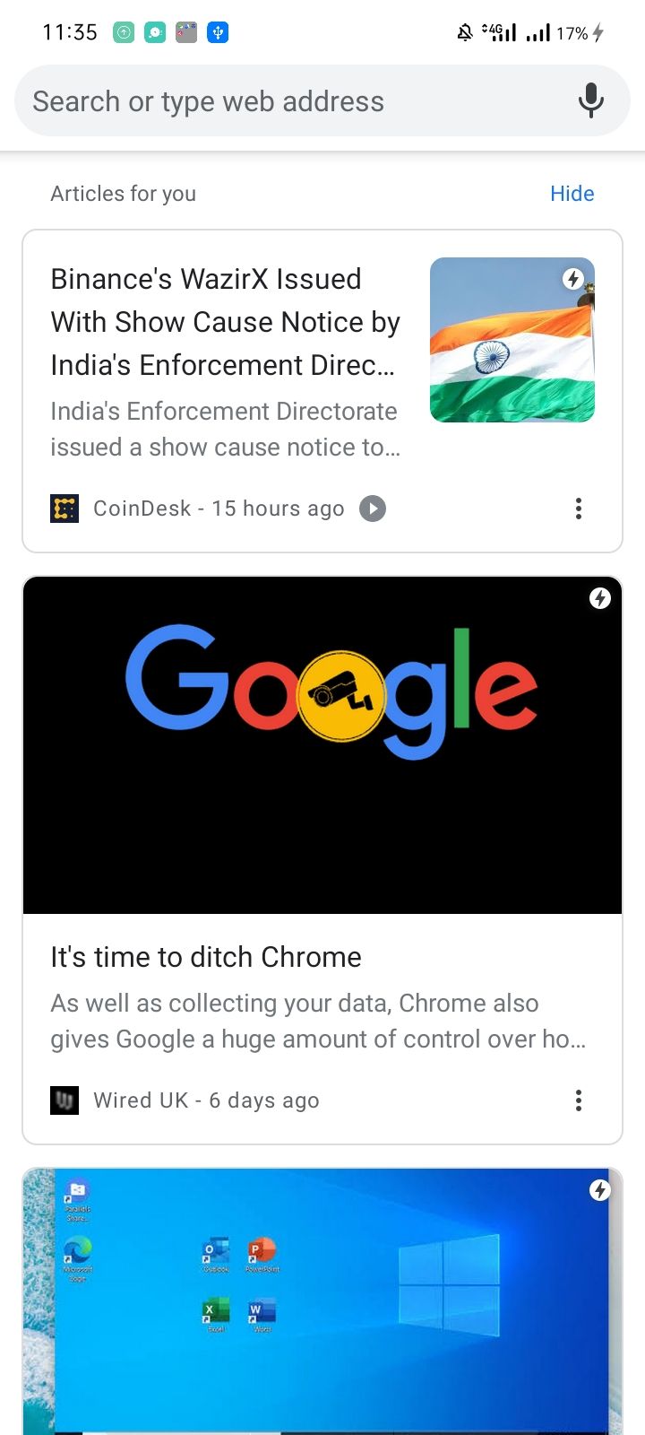 Suggested Articles Showing in Google Chrome