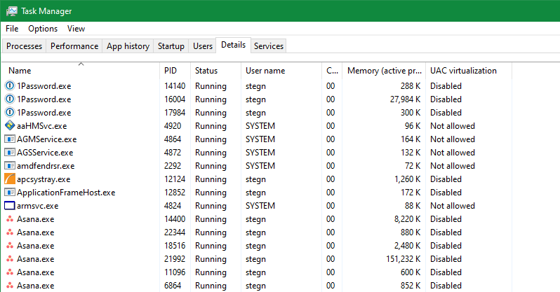 Task Manager Username Details