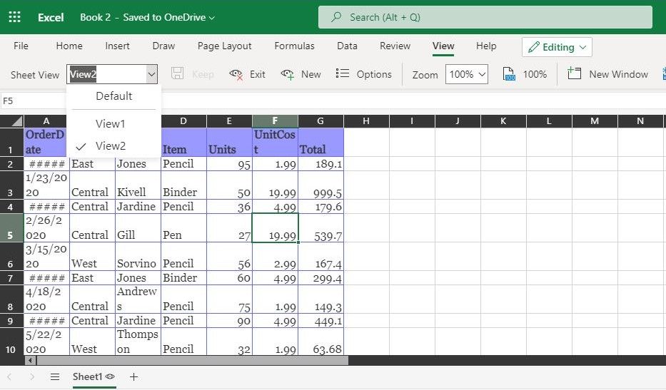 Excel Spreadsheet temporary Sheetview section view2 dropdown menu