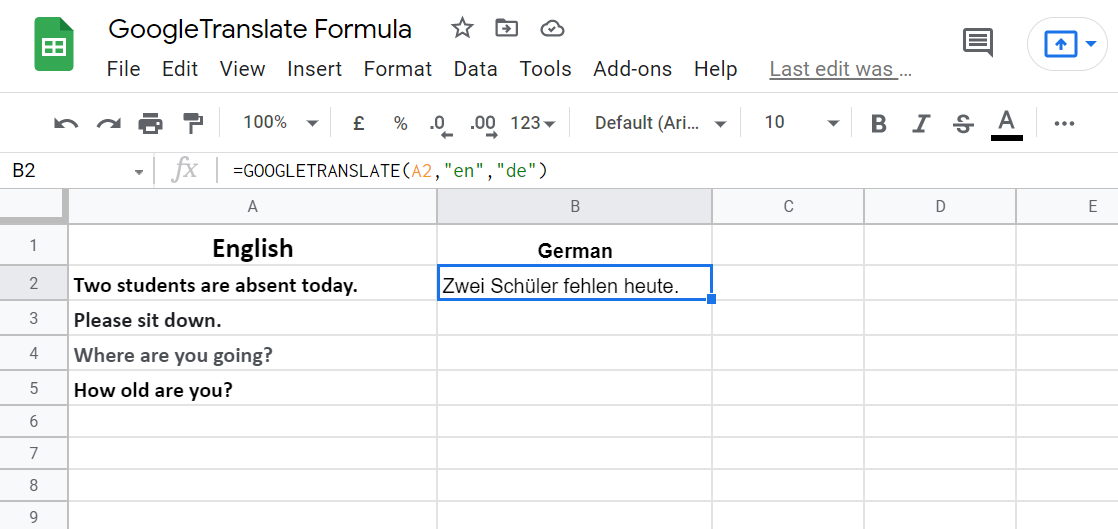 Text Translated Into German From English In Google Sheets