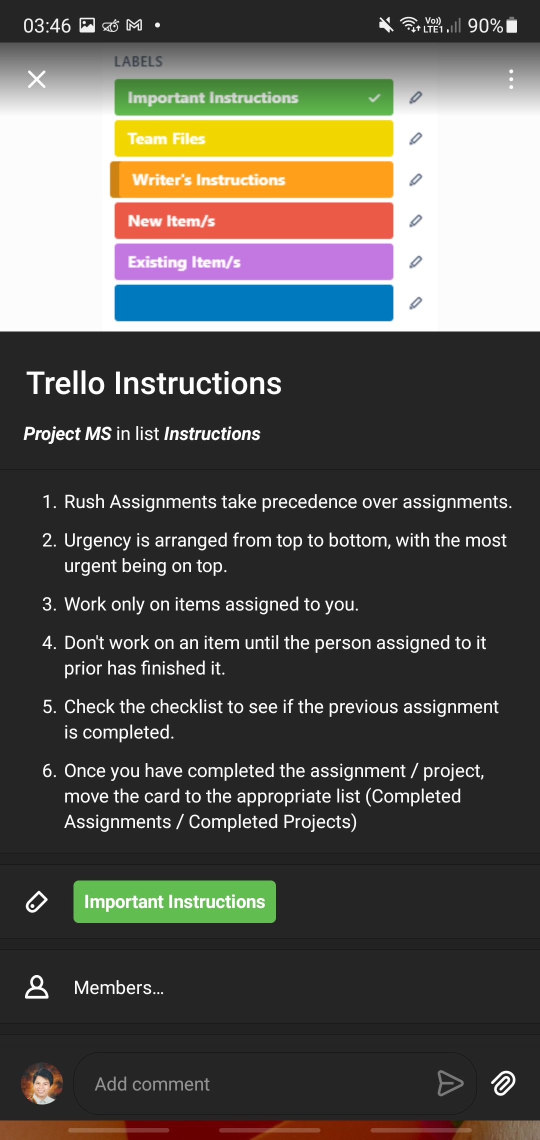 Trello card options when viewed via the Android app