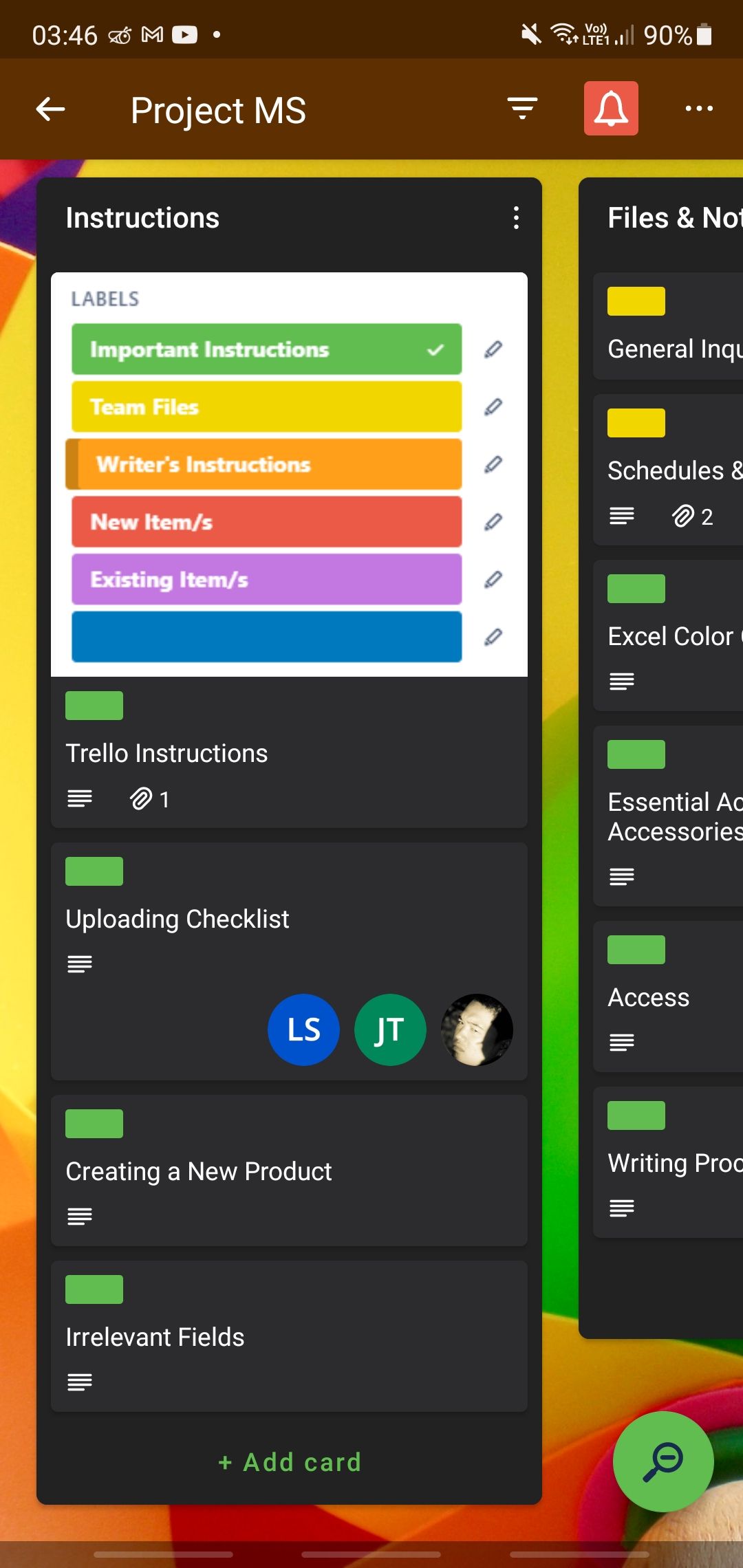 Cards and Lists on Trello, as seen on the Android app