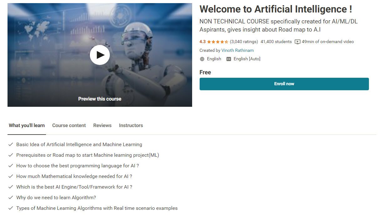 Welcome to Artificial Intelligence free Udemy course