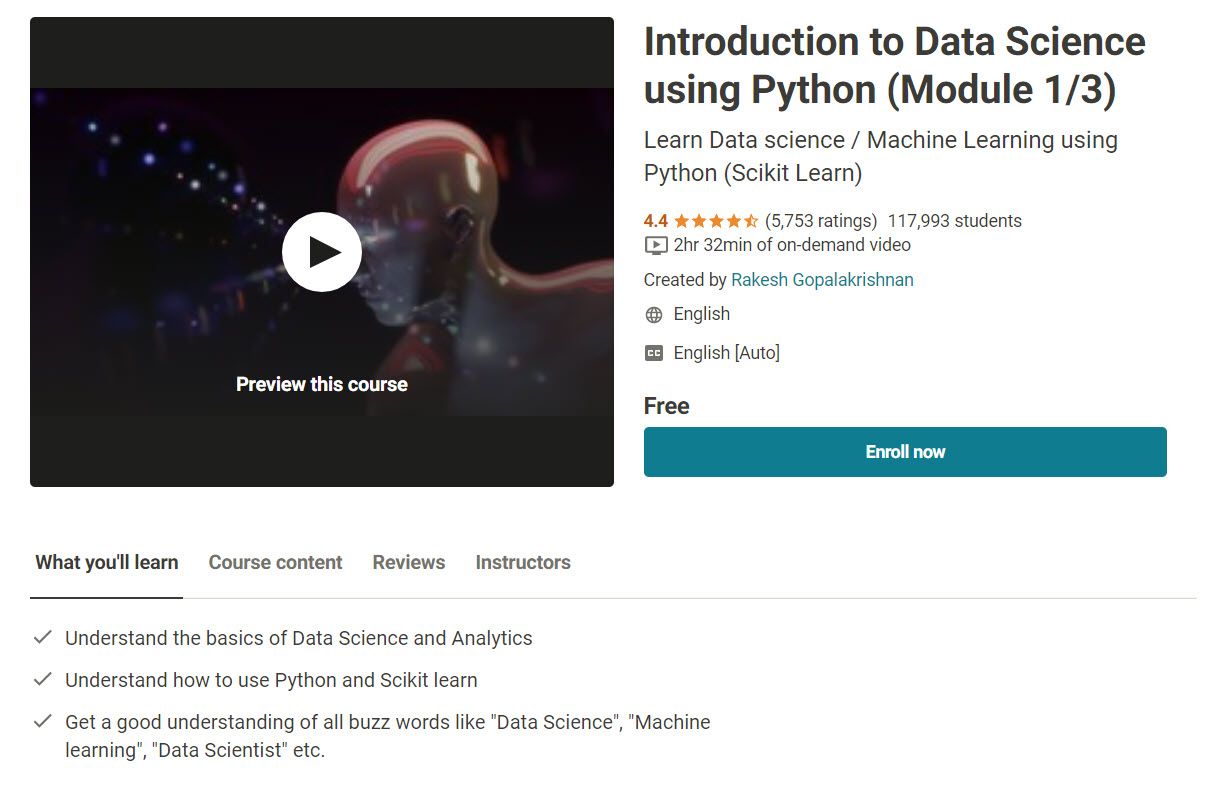 Udemy Free Course Introduction to Data Science using Python