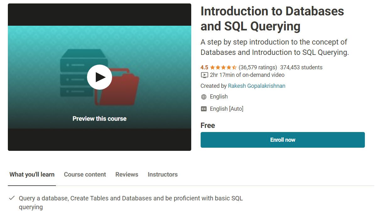 Udemy Free Course Introduction to Databases