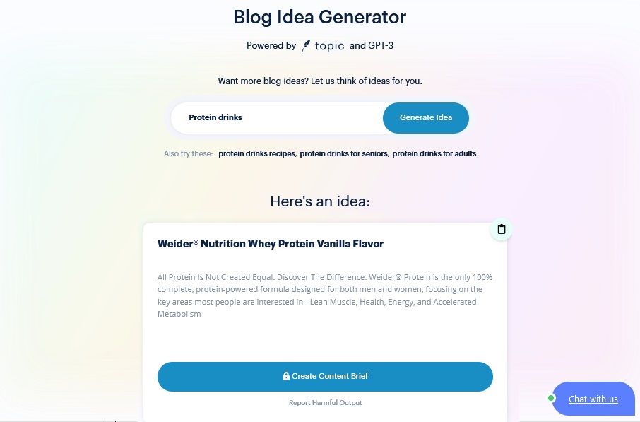Use Topic Idea Generator showing a suggestion that highlights a specific product