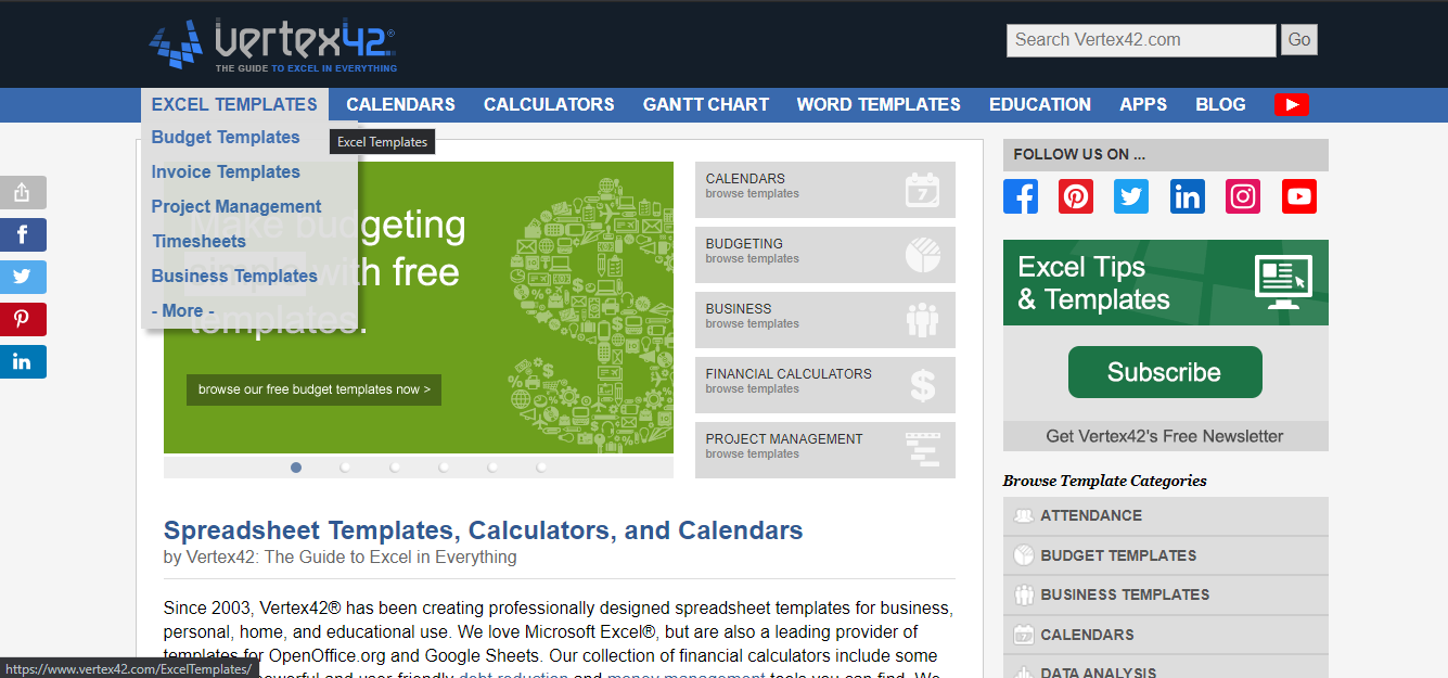 Vertex42 Website Excel Templates Area