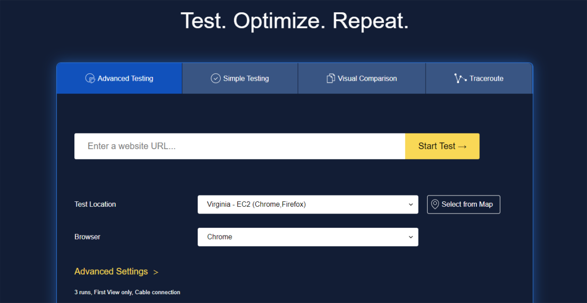 Webpagetest WordPress speed test tool