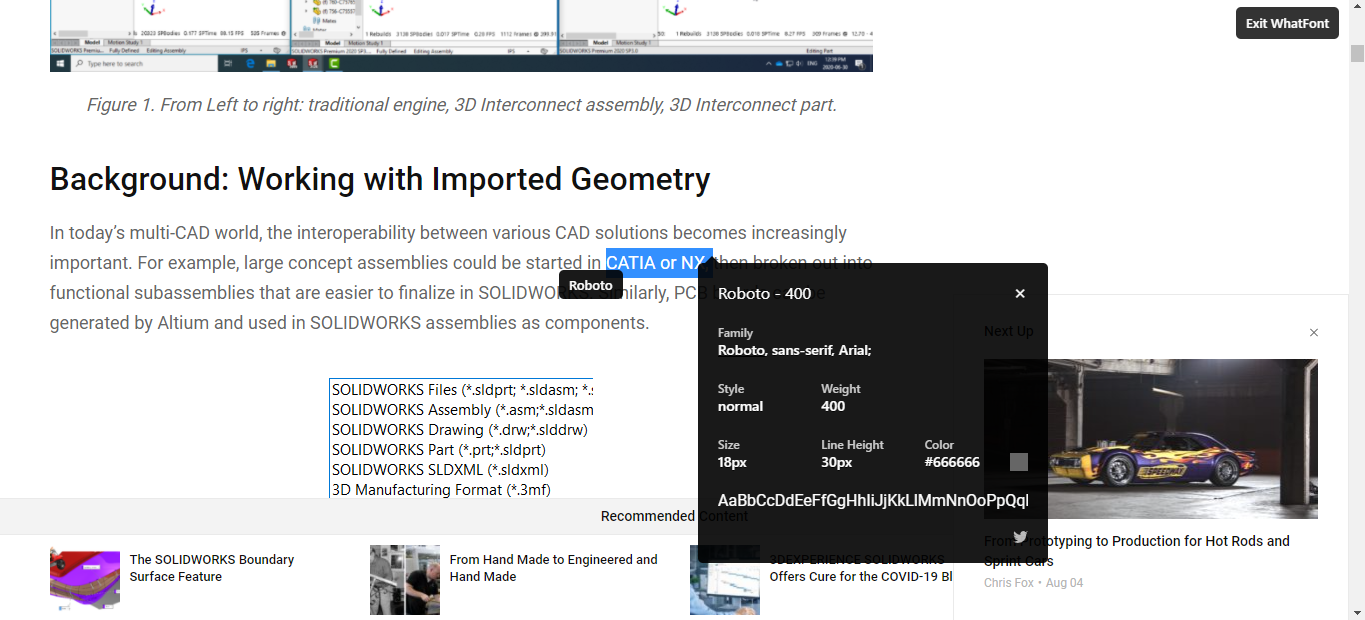 WhatFont visar Teckensnittsdetaljer för en Text