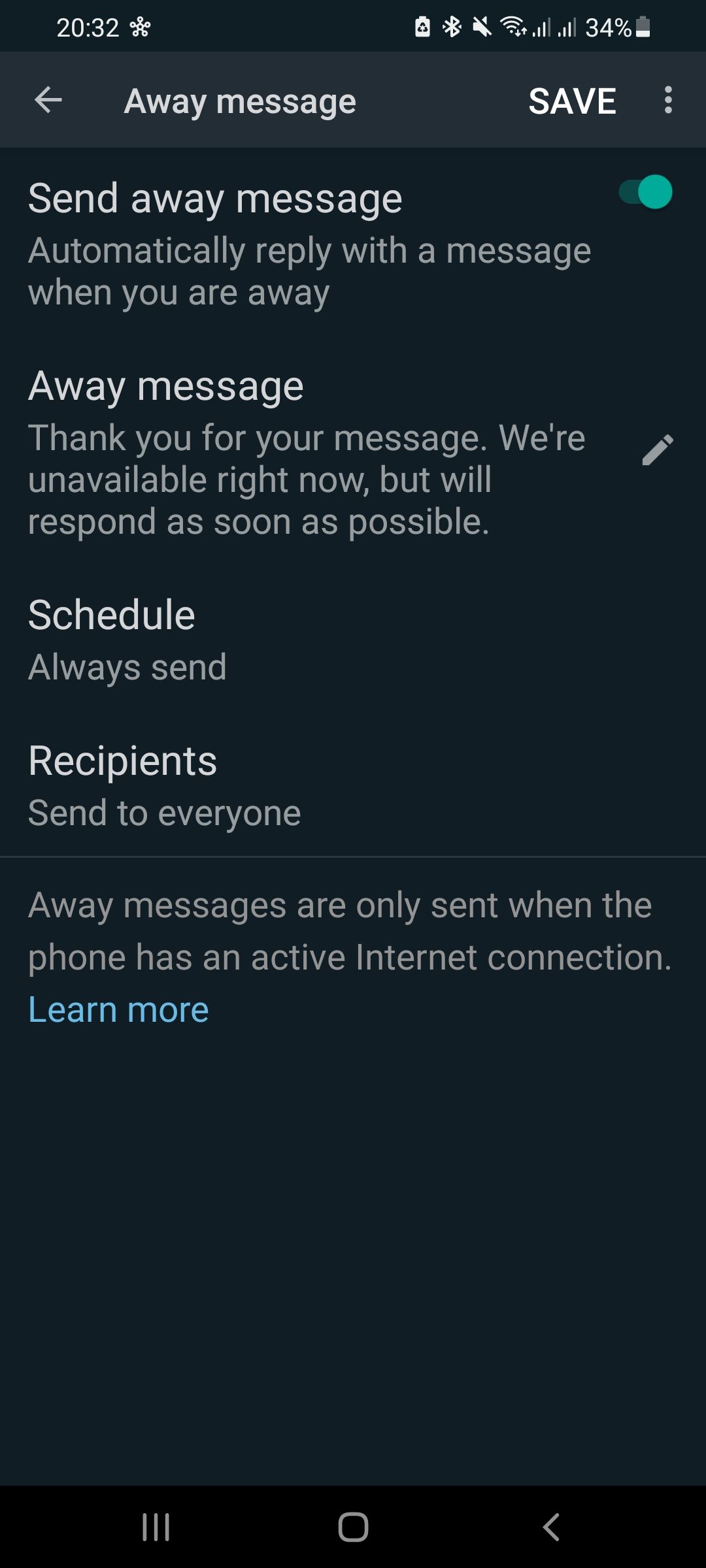 Screenshot of WhatsApp Business "away feature".