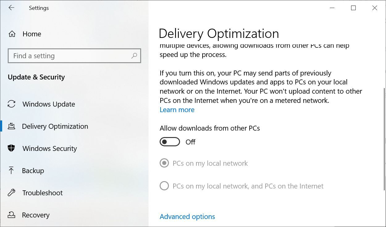 Windows 10 Delivery Optimization with downloading from other PCs option turned off.