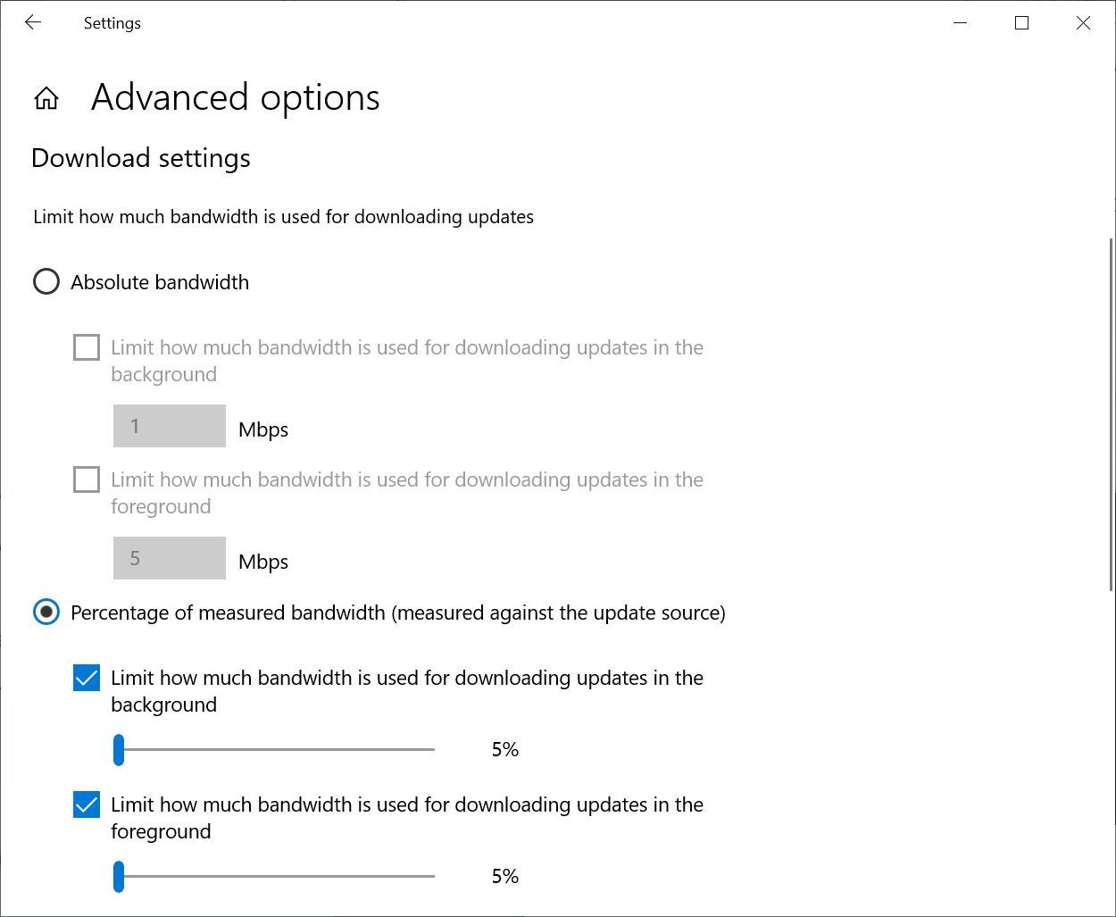 Limiting the download bandwidth for Windows 10 Update.