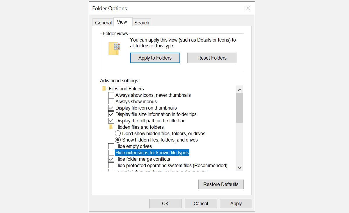 Windows 10 Folder Options with "Hide extensions for known file types" highlighted.