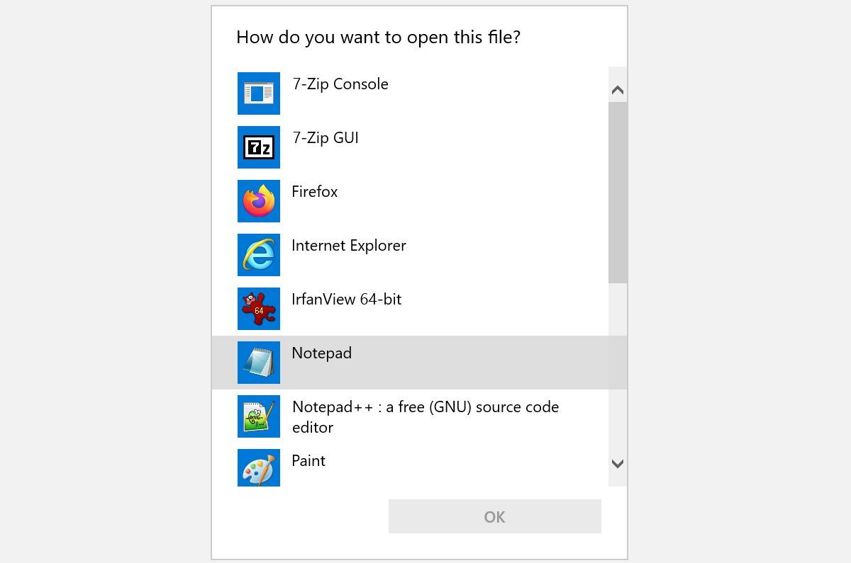 Windows 10 Open File With Menu with Notepad option highlighted.