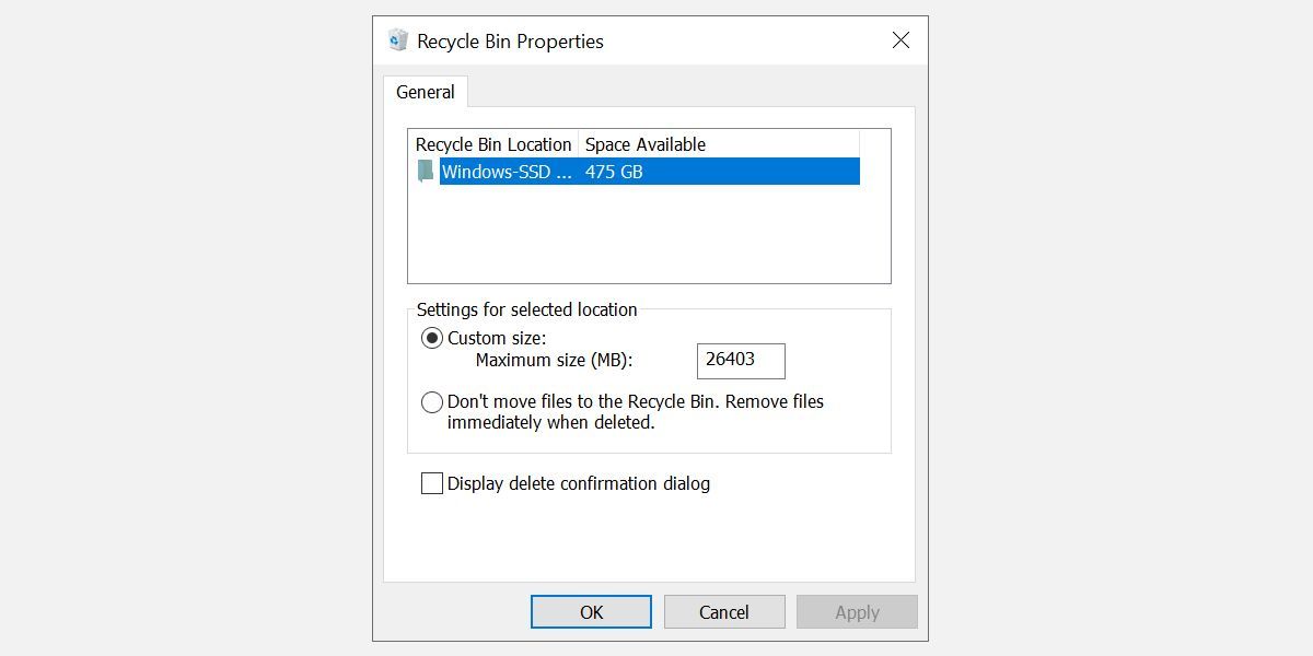 Changing properties of the Windows 10 Recycle Bin.