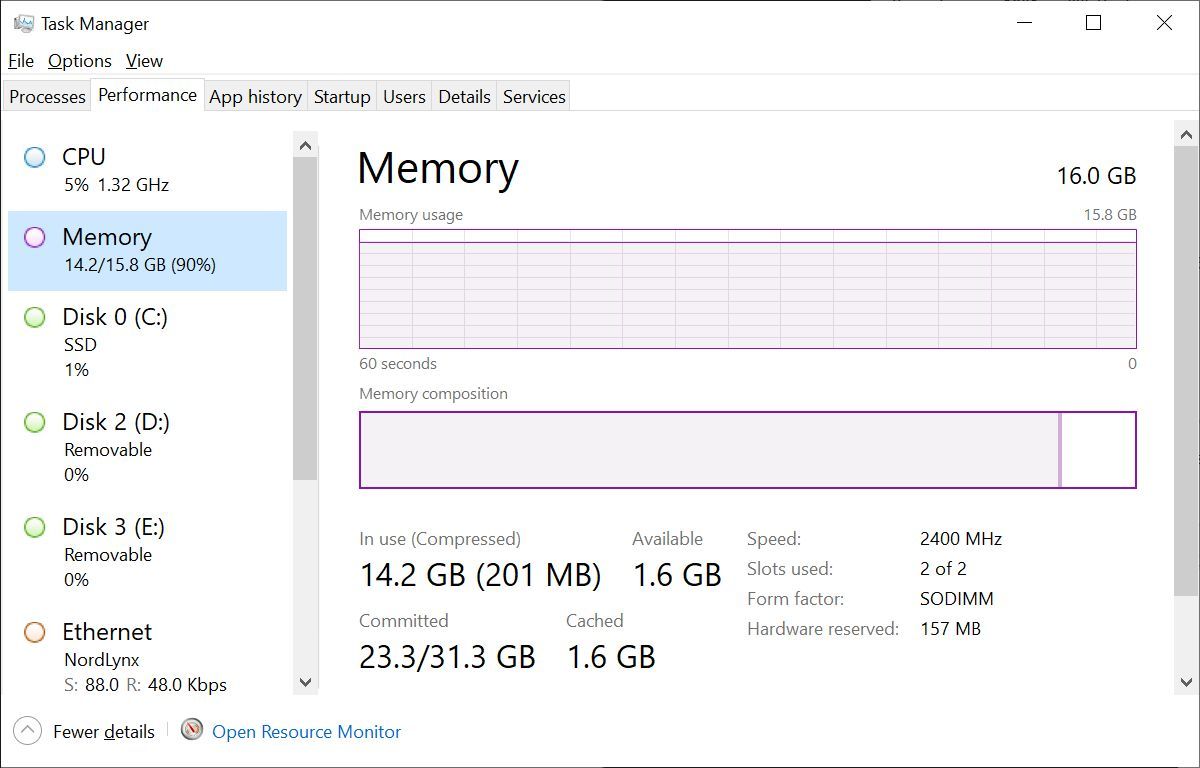Windows 10 Task Manager Performance tab showing memory usage.