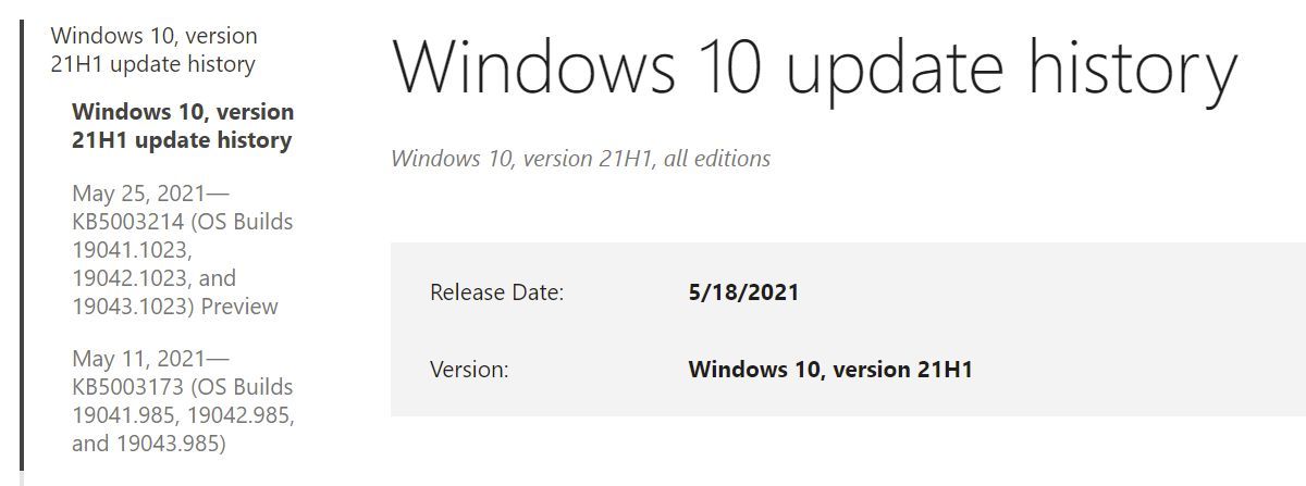 Windows 10 Update History Version 21H1 Microsoft support page.