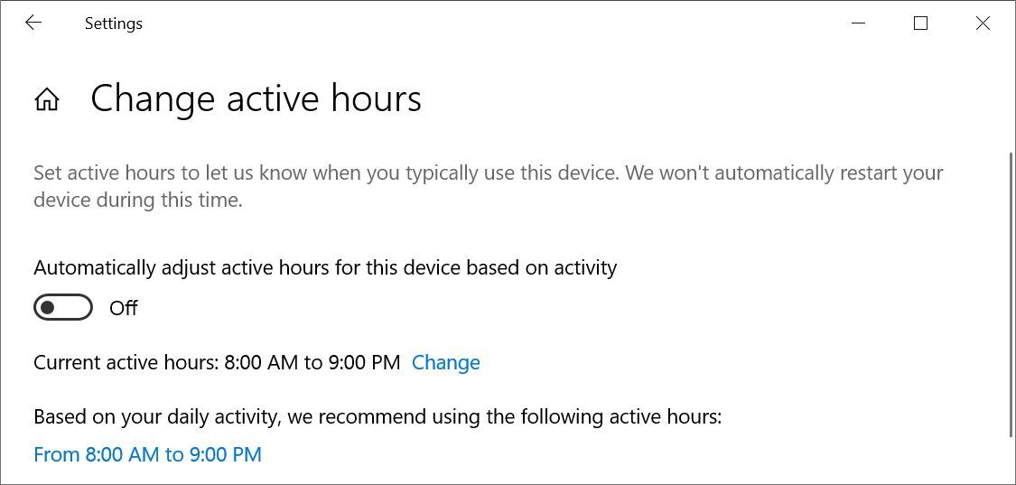 Active Hours in Windows 10 Windows Update Settings menu.