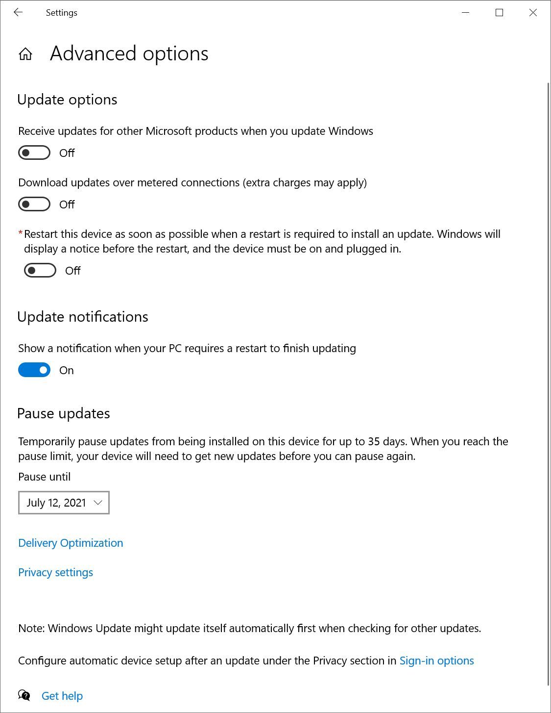 Advanced options in Windows 10 Windows Update Settings menu.