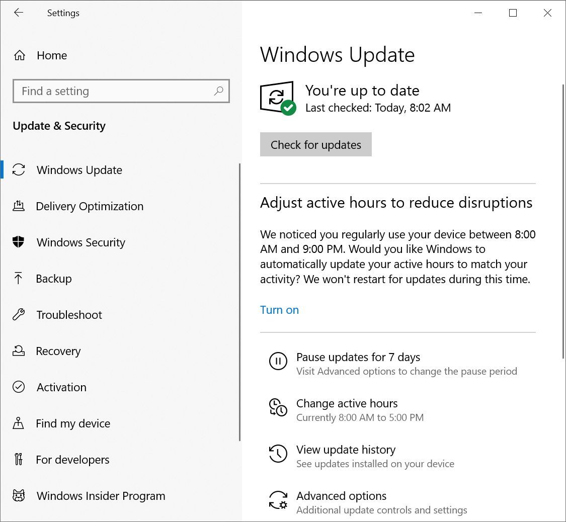 Windows 10 Windows Update Settings menu overview.