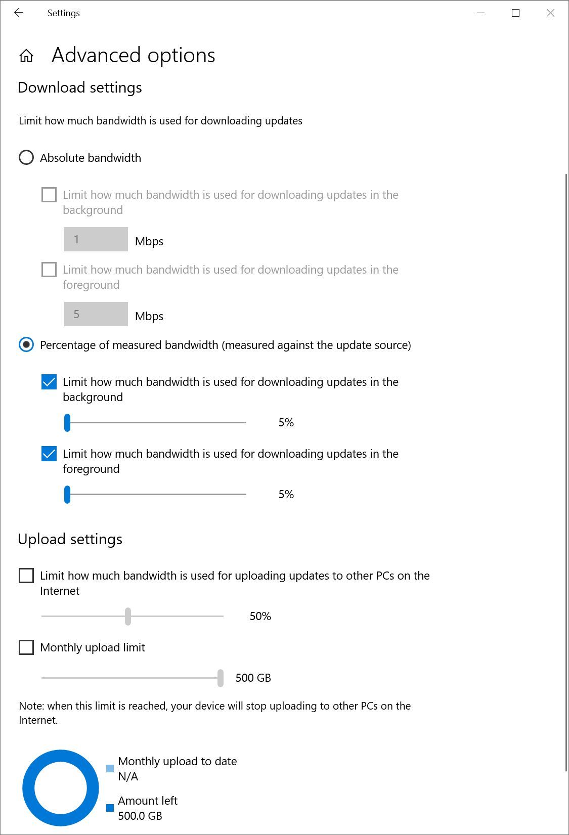 Advanced options for Delivery Optimization in Windows 10 Windows Update Settings menu.
