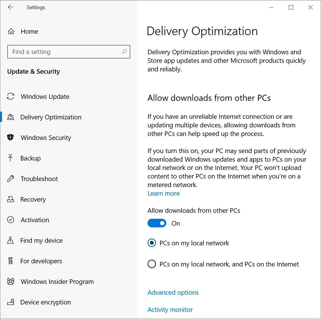 Delivery Optimization in Windows 10 Windows Update Settings menu.