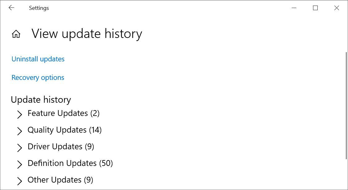 Update History in Windows 10 Windows Update Settings menu.