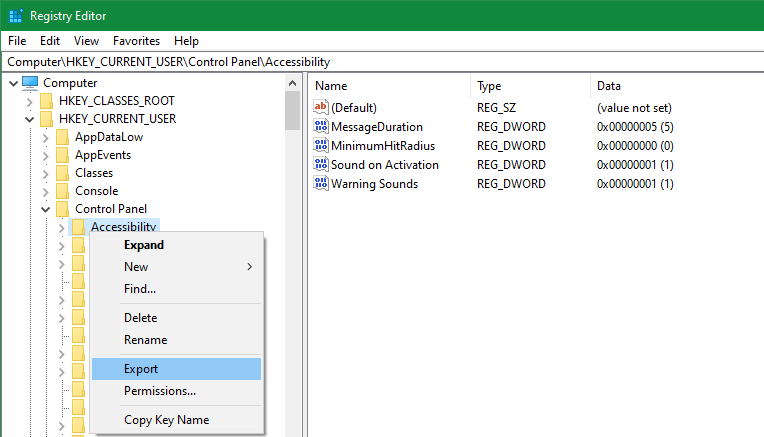 Windows Export Registry Entry